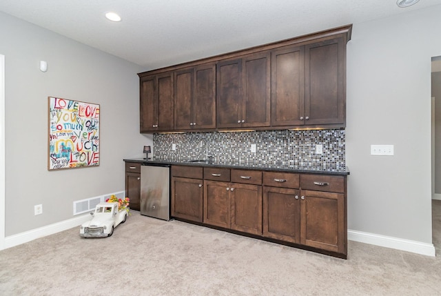 1621 Dutch Lake Dr, Minnetrista, MN 55364 - indoor bar with light colored carpet, decorative backsplash, fridge, recessed lighting, and dishwasher