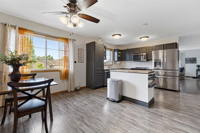 2115 Turpin St, Saint Peter, MN 56082 - kitchen with appliances with stainless steel finishes, wood finished floors, a textured ceiling, ceiling fan, and backsplash