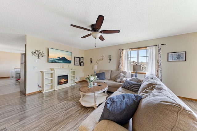 2115 Turpin St, Saint Peter, MN 56082 - living room with a ceiling fan, wood finished floors, a textured ceiling, and a glass covered fireplace