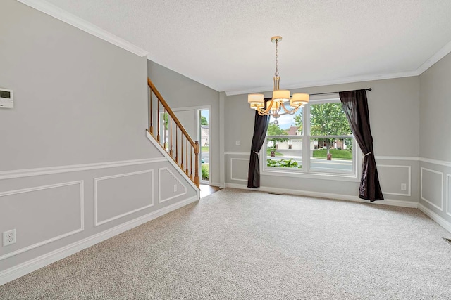 5245 Dufferin Dr, Savage, MN 55378 - spare room with a chandelier, a decorative wall, stairway, carpet floors, and ornamental molding