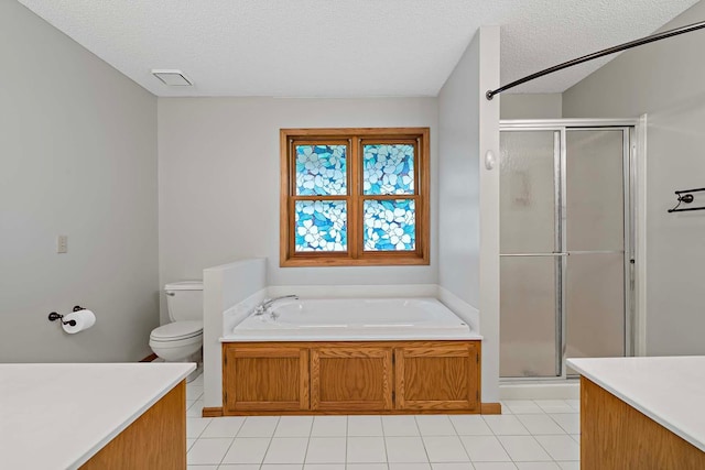 5245 Dufferin Dr, Savage, MN 55378 - full bathroom with vanity, a stall shower, a garden tub, tile patterned flooring, and a textured ceiling