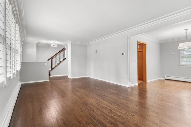 6325 Brookview Ave, Edina, MN 55424 - empty room featuring a baseboard heating unit, wood finished floors, a baseboard radiator, stairway, and ornamental molding
