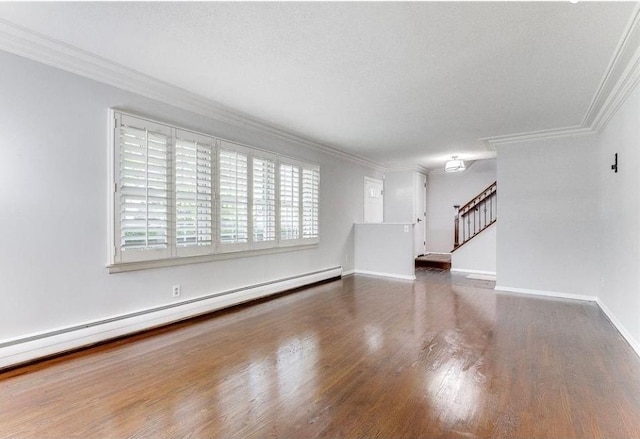 6325 Brookview Ave, Edina, MN 55424 - unfurnished living room with baseboard heating, wood finished floors, ornamental molding, and stairway