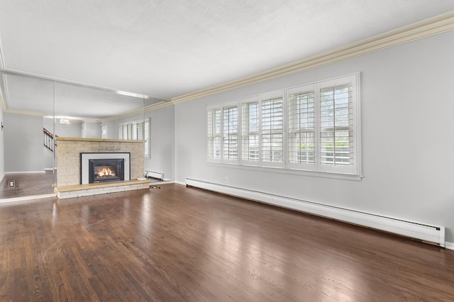 6325 Brookview Ave, Edina, MN 55424 - unfurnished living room featuring a baseboard heating unit, ornamental molding, wood finished floors, and a fireplace
