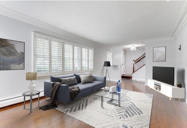 6325 Brookview Ave, Edina, MN 55424 - living area featuring wood finished floors, stairs, ornamental molding, and plenty of natural light