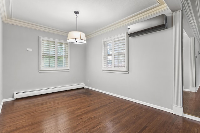 6325 Brookview Ave, Edina, MN 55424 - empty room featuring baseboard heating, a wall mounted AC, wood finished floors, and ornamental molding
