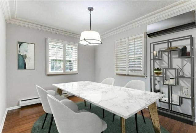 6325 Brookview Ave, Edina, MN 55424 - dining area featuring a wall mounted air conditioner, baseboard heating, dark wood-type flooring, and ornamental molding