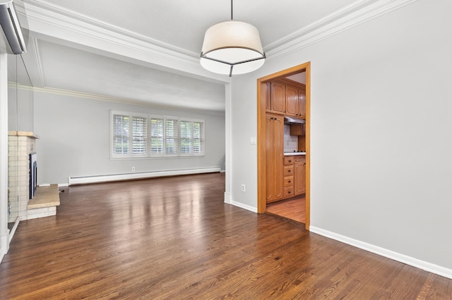 6325 Brookview Ave, Edina, MN 55424 - unfurnished living room with a baseboard radiator, crown molding, a fireplace, wood finished floors, and a wall mounted air conditioner