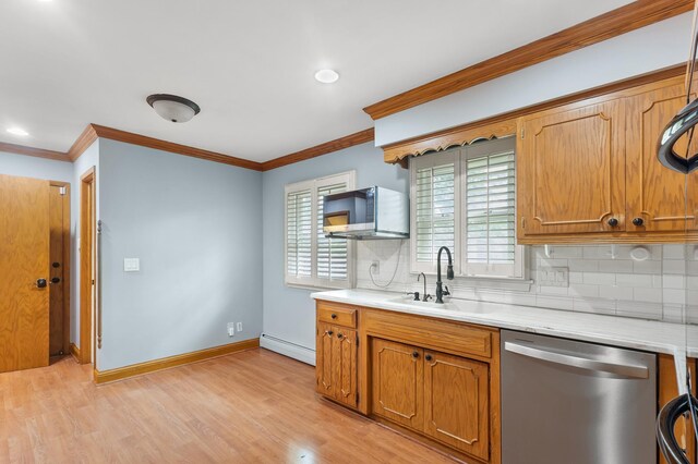 6325 Brookview Ave, Edina, MN 55424 - kitchen featuring stainless steel appliances, baseboard heating, crown molding, tasteful backsplash, and light countertops
