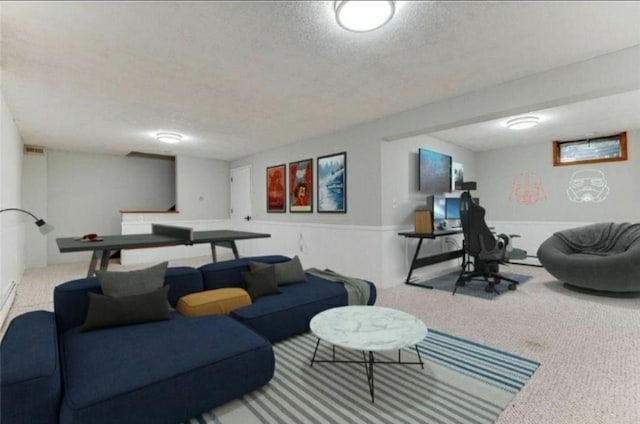 6325 Brookview Ave, Edina, MN 55424 - carpeted living room with wainscoting and a textured ceiling