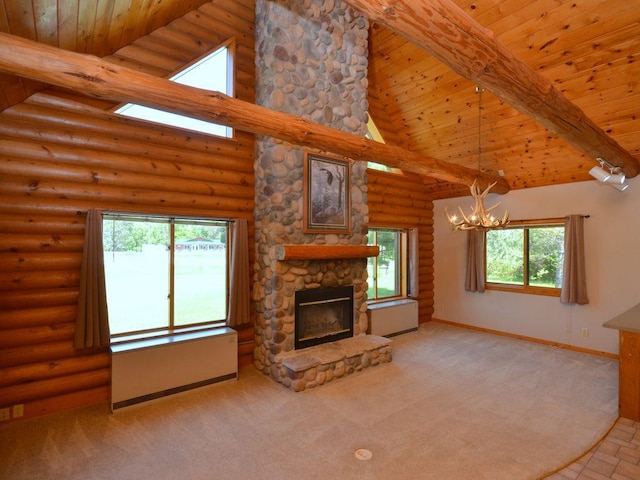 17771 State 34, Park Rapids, MN 56470 - unfurnished living room with a chandelier, high vaulted ceiling, a fireplace, a wood ceiling with exposed beams, and light carpet