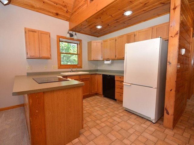 17771 State 34, Park Rapids, MN 56470 - kitchen featuring black appliances, a peninsula, brick patterned flooring, wooden ceiling, and light brown cabinets