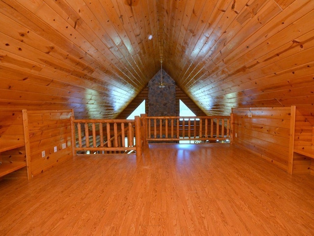 17771 State 34, Park Rapids, MN 56470 - additional living space with wood ceiling, lofted ceiling, wood finished floors, and wooden walls