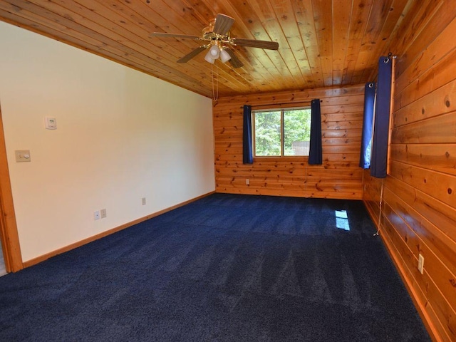 17771 State 34, Park Rapids, MN 56470 - unfurnished room with wood ceiling, wooden walls, dark carpet, and a ceiling fan