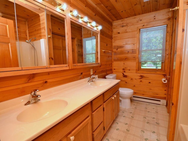17771 State 34, Park Rapids, MN 56470 - bathroom featuring a baseboard heating unit, tile patterned floors, double vanity, wooden ceiling, and wood walls