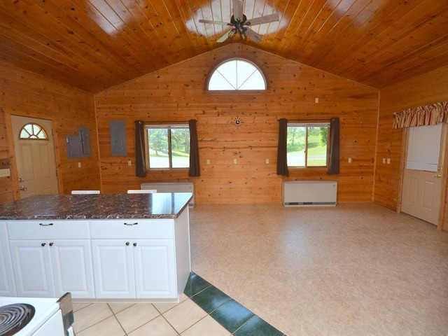 17771 State 34, Park Rapids, MN 56470 - kitchen with vaulted ceiling, a ceiling fan, wood walls, white cabinetry, and wood ceiling