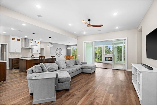 4335 Spring View Dr, Moose Lake, MN 55767 - living room with a ceiling fan, dark wood-style flooring, and recessed lighting