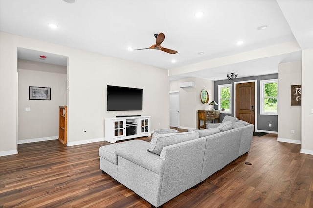 4335 Spring View Dr, Moose Lake, MN 55767 - living room with dark wood-style flooring, a wall mounted air conditioner, a ceiling fan, and recessed lighting