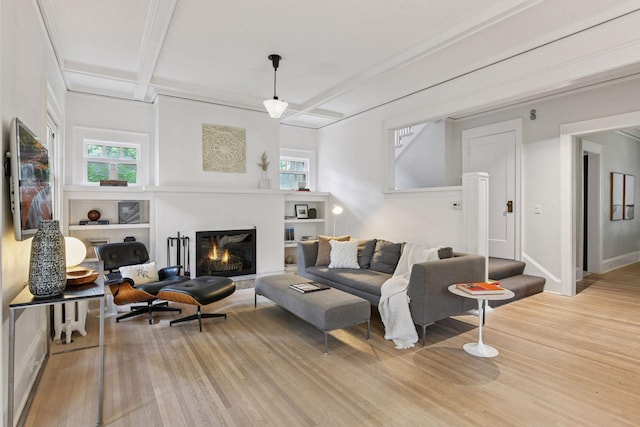 4626 Dupont Ave S, Minneapolis, MN 55419 - living room with wood finished floors, a glass covered fireplace, beamed ceiling, coffered ceiling, and stairway