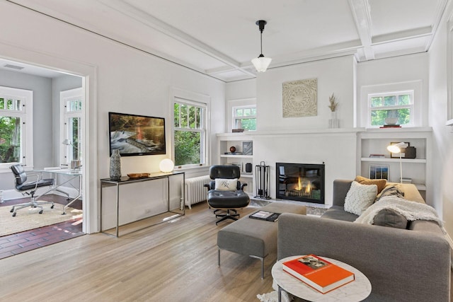 4626 Dupont Ave S, Minneapolis, MN 55419 - living room featuring radiator heating unit, coffered ceiling, a glass covered fireplace, healthy amount of natural light, and a desk