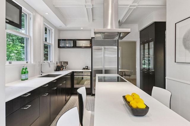 4626 Dupont Ave S, Minneapolis, MN 55419 - kitchen featuring island exhaust hood, stainless steel appliances, coffered ceiling, dark cabinets, and light countertops