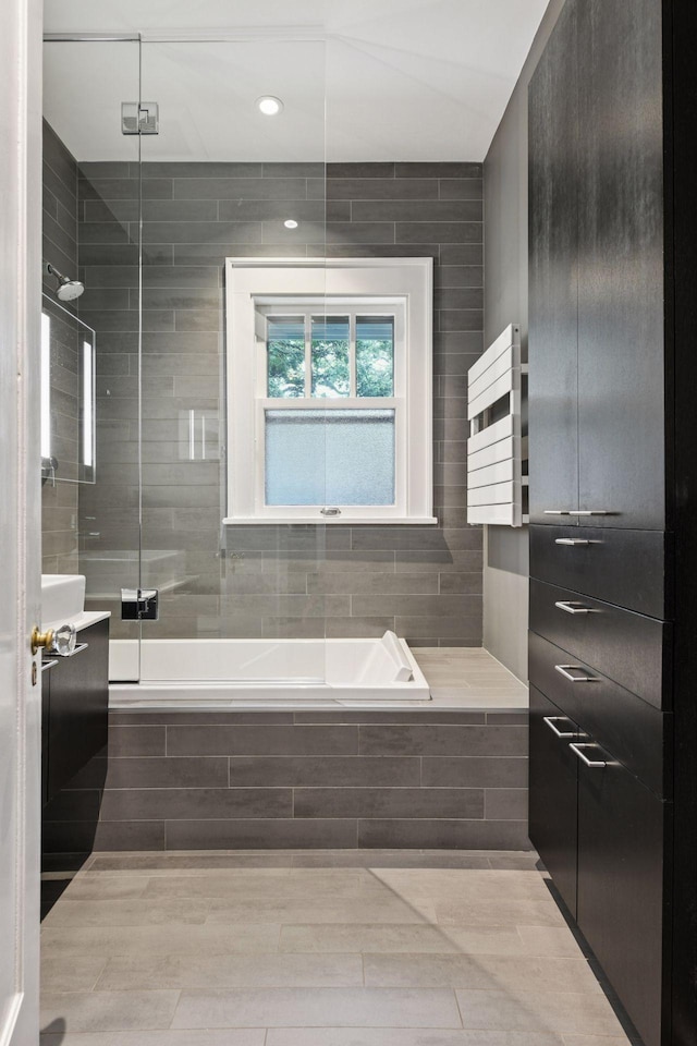 4626 Dupont Ave S, Minneapolis, MN 55419 - full bathroom featuring tiled tub, a tile shower, recessed lighting, and vanity