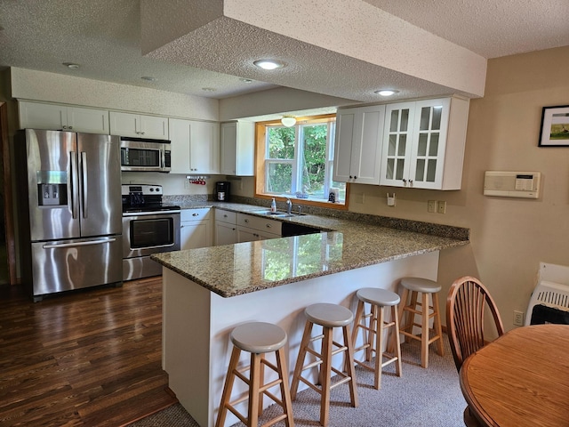 42674 305th Pl, Aitkin, MN 56431 - kitchen featuring appliances with stainless steel finishes, a peninsula, a textured ceiling, glass insert cabinets, and dark wood finished floors