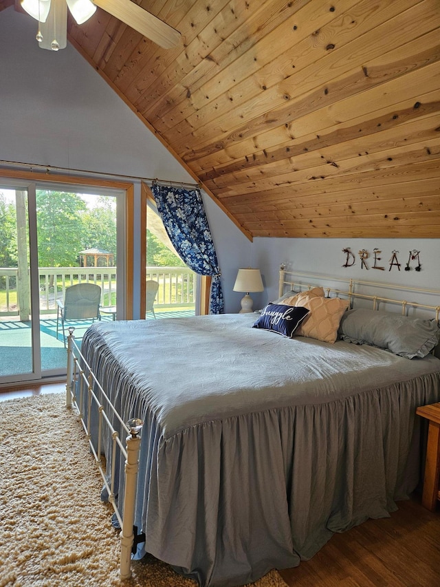 42674 305th Pl, Aitkin, MN 56431 - bedroom with access to exterior, vaulted ceiling, wood finished floors, and wooden ceiling