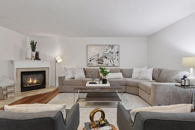 913 Carriage Ln, Chaska, MN 55318 - living area featuring wood finished floors, a fireplace, and a textured ceiling