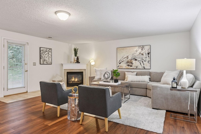 913 Carriage Ln, Chaska, MN 55318 - living area featuring a glass covered fireplace, wood finished floors, and a textured ceiling
