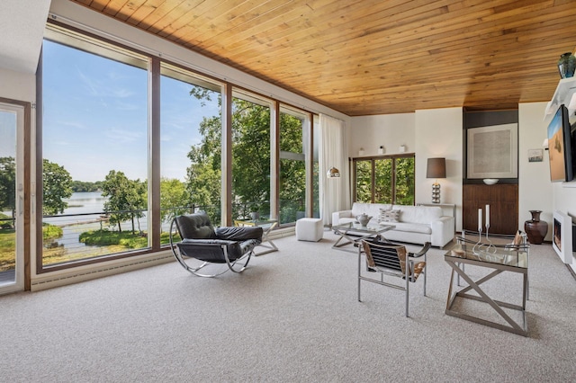 5962 Hobe Ln, White Bear Twp, MN 55110 - carpeted living room featuring wood ceiling, a water view, and a baseboard radiator