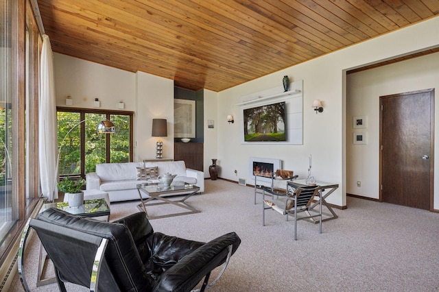 5962 Hobe Ln, White Bear Twp, MN 55110 - carpeted living area featuring wood ceiling and a lit fireplace