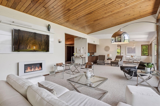 5962 Hobe Ln, White Bear Twp, MN 55110 - carpeted living room with wood ceiling, a glass covered fireplace, and vaulted ceiling