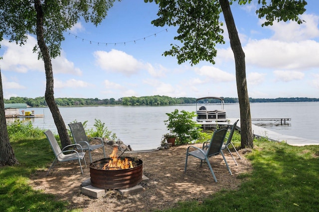 5962 Hobe Ln, White Bear Twp, MN 55110 - dock featuring a fire pit and a water view