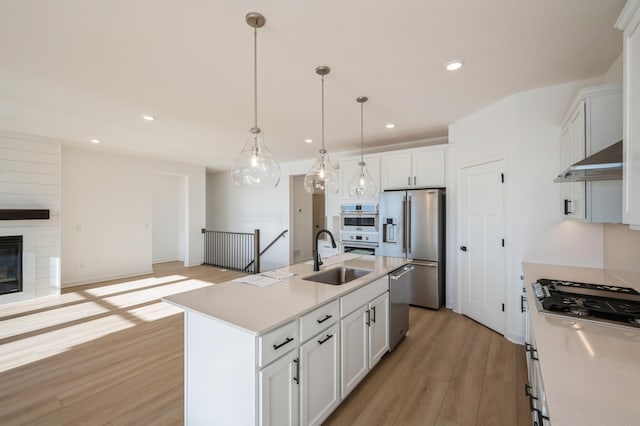 9755 49th St NE, Saint Michael, MN 55376 - kitchen with appliances with stainless steel finishes, light wood-type flooring, wall chimney exhaust hood, white cabinetry, and light countertops