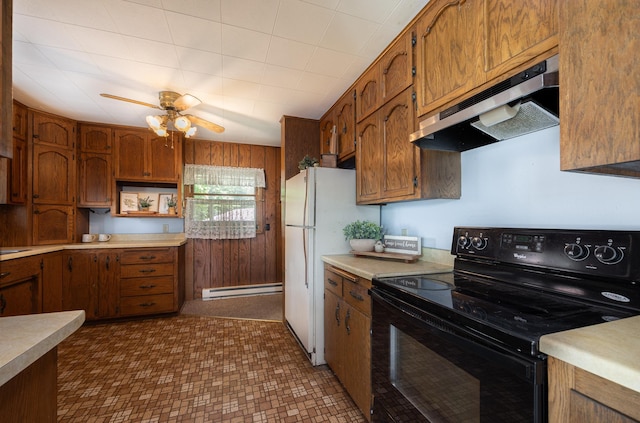 551 Edward Ln NE, Longville, MN 56655 - kitchen featuring black electric range, ventilation hood, a baseboard heating unit, and brown cabinetry