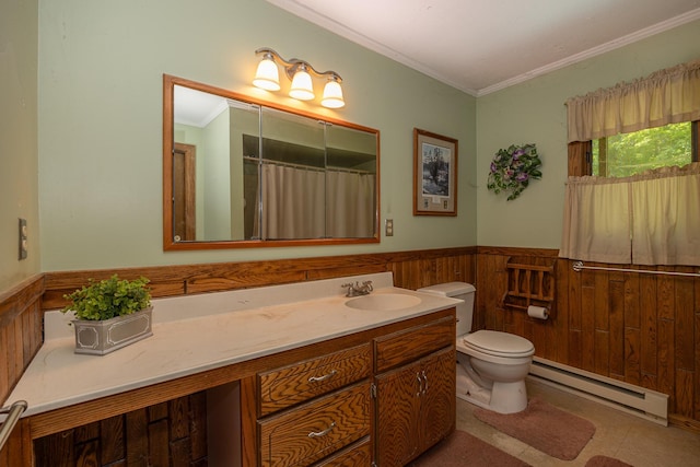 551 Edward Ln NE, Longville, MN 56655 - bathroom featuring a baseboard heating unit, ornamental molding, a wainscoted wall, vanity, and wooden walls