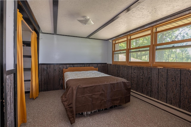 551 Edward Ln NE, Longville, MN 56655 - bedroom featuring a baseboard radiator, a wainscoted wall, carpet, a textured ceiling, and wooden walls