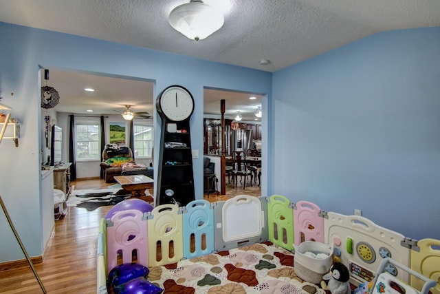 427 Alleghany Ave, Wabasha, MN 55981 - playroom with wood finished floors, a textured ceiling, vaulted ceiling, and ceiling fan