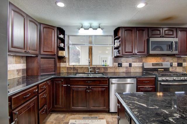 427 Alleghany Ave, Wabasha, MN 55981 - kitchen featuring stainless steel appliances, open shelves, a textured ceiling, dark stone countertops, and tasteful backsplash