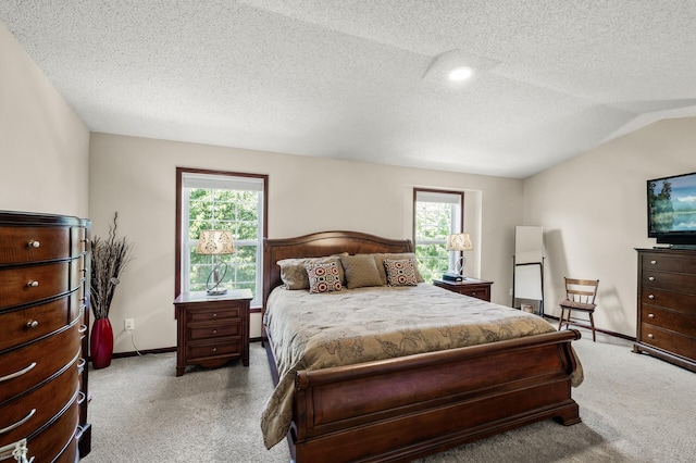 5062 French Dr N, Hugo, MN 55038 - bedroom featuring light carpet, multiple windows, a textured ceiling, and vaulted ceiling
