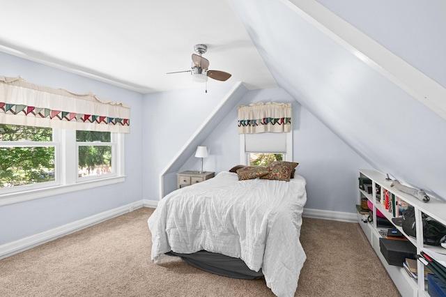 4223 Mcculloch St, Duluth, MN 55804 - bedroom with carpet, multiple windows, lofted ceiling, and a ceiling fan