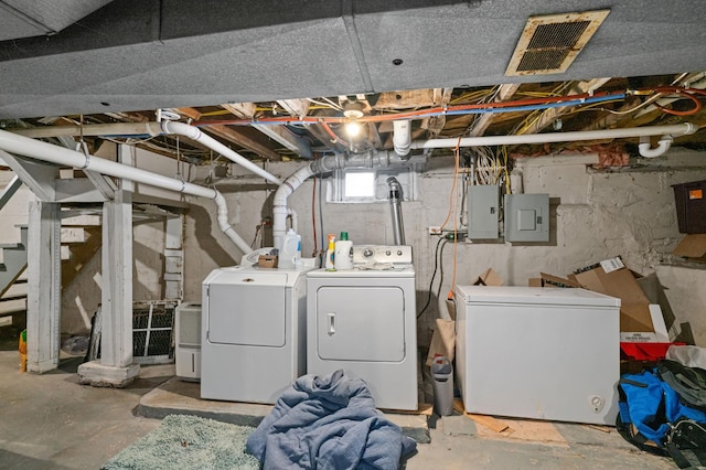 4223 Mcculloch St, Duluth, MN 55804 - below grade area with refrigerator, washer and dryer, electric panel, and stairway