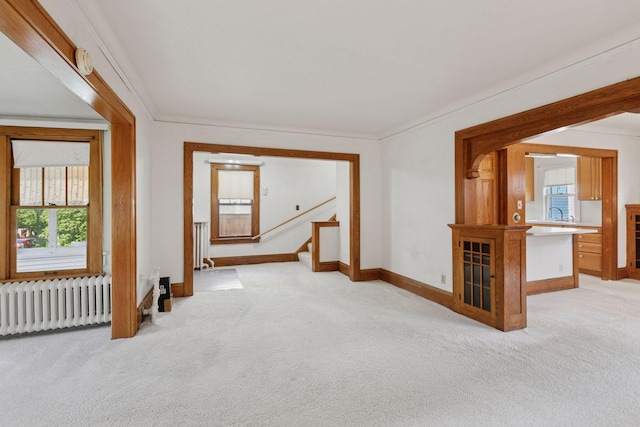 2085 Princeton Ave, Saint Paul, MN 55105 - spare room with radiator heating unit, light colored carpet, healthy amount of natural light, stairway, and crown molding
