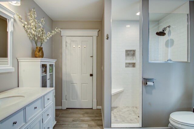 924 6th St W, Wabasha, MN 55981 - bathroom featuring vanity, a tile shower, and wood finished floors