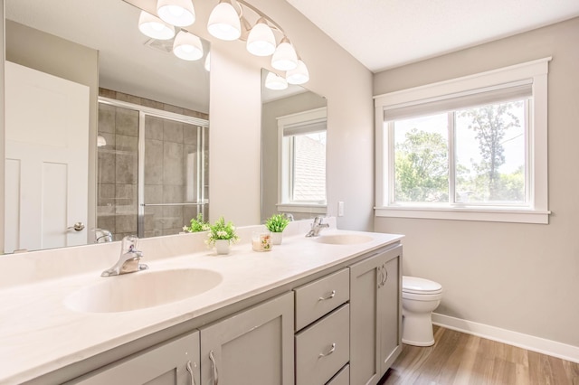 141 145th Ln NE, Ham Lake, MN 55304 - bathroom featuring double vanity, a stall shower, and wood finished floors