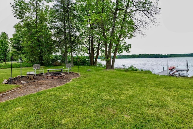 63714 Hannu Ln, Pine Lake Twp, MN 55735 - view of green lawn featuring an outdoor fire pit, a water view, and a boat dock
