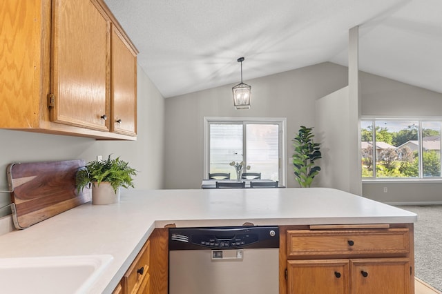 6913 174th St W, Farmington, MN 55024 - kitchen with stainless steel dishwasher, a peninsula, light countertops, lofted ceiling, and carpet flooring