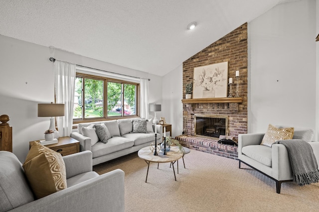1306 Wynridge Dr, Arden Hills, MN 55112 - carpeted living area with lofted ceiling and a fireplace