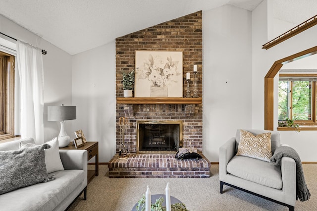 1306 Wynridge Dr, Arden Hills, MN 55112 - living area featuring carpet, lofted ceiling, a fireplace, and arched walkways